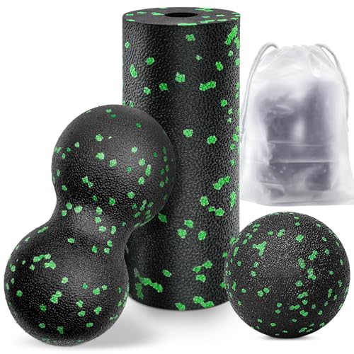 Kisvic Faszienball und Klein Faszienrolle, Massageball Set Relieve Stress and Relax Tight Muscles, Duoball für Wirbelsäule Fuß Nacken und Rücken (Grün)