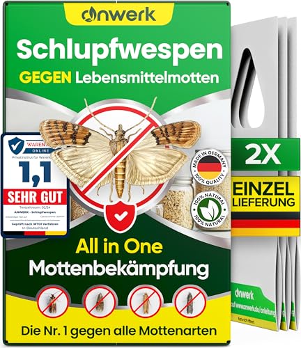 anwerk® Schlupfwespen gegen Lebensmittelmotten - 2 Karten à 1 Lieferung - Effektiv Lebensmittel Motten bekämpfen - Alternative zur Mottenfalle, Mottenspray, Pheromonfalle (2X Karten à 1 Lieferung)