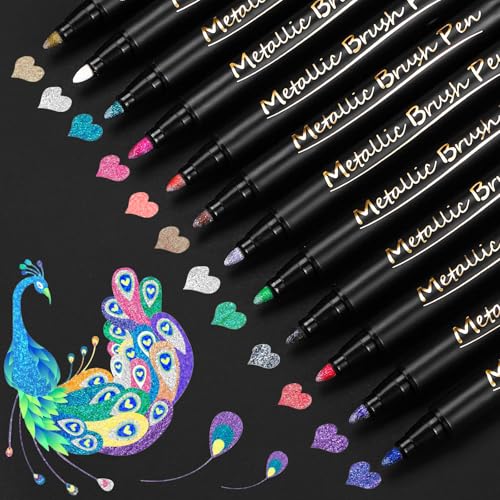 DIYDEC 12 Stück Metallic Marker Stifte, Glitzerstifte Acrylstifte Metallischen Marker für Scrapbook Album Hochzeit Geburtstag Fotoalbum Weihnachten Halloween Deko Stifte