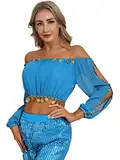 CHICTRY Bauchtanz Kostüm Damen Oberteil Bauchfrei Tanz Shirt Top Schulterfrei Tunika Bluse Mit Münzen Quasten Belly Dance Outfit Himmelblau Einheitsgröße