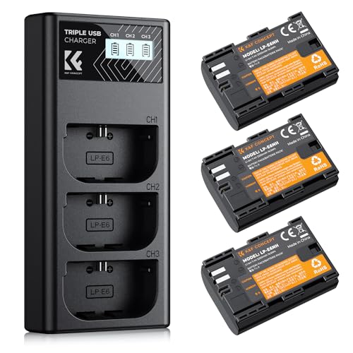 K&F Concept LP-E6NH Akku,2250mAh (3er Pack) und 3-Slot Ladegerät Akku-Kit,Kompatibel mit Canon EOS R7 R5 EOS R6 EOS R 5D II III IV 6D 6D II 7D 7D II 60D 70D 80D 90D