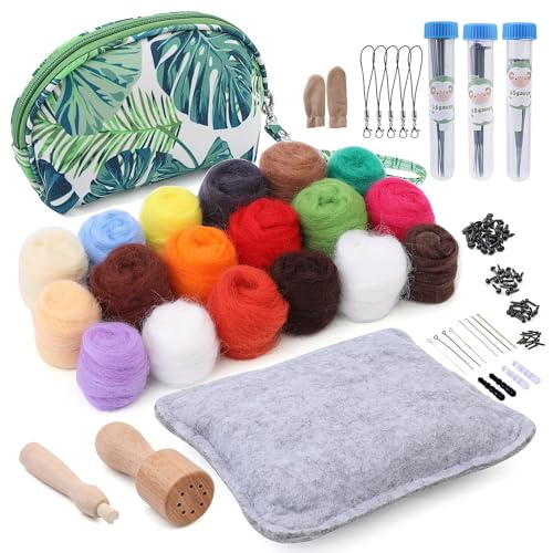 MIXMIO Filzwolle Set, 18 Farben Filzwolle Roving, Filzen Starterset Mit Wolle Malerei Kit Nadel Filzen Werkzeuge und Tragbarer Aufbewahrungstasche DIY Filz Tier Handwerk