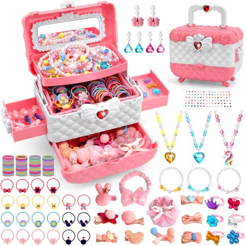 Aureyung Kinder Schmuck Spielzeug Mädchen 3 4 5 6 7 8 9 10 Jahre, Geburtstag Weihnachts Geschenke Mädchen 3-12 Jahre, Schmuckset mit Haarspangen & Haargummis