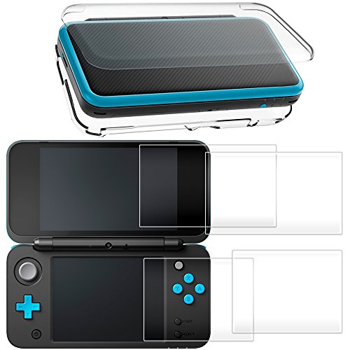 AFUNTA Hard Case für NEU Nintendo 2DS XL mit 2 Packs Displayschutzfolie, Anti-Scratch Crystal Clear Case, mit 4 Stück gehärtetem Glas Schutzfolien für Top und Bottom Screen