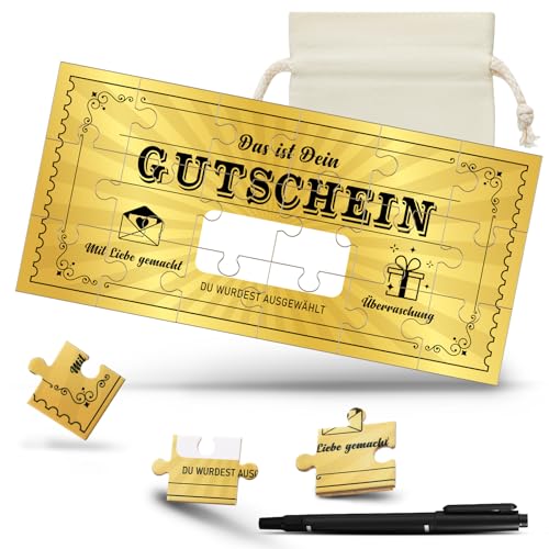 Tenare Gutschein Puzzle zum Selber Ausfüllen Goldene Gutschein Puzzle Geburtstagskarte Kinogutschein Reisegutschein mit Kordelzugbeutel und Marker Stifte Überraschung Geschenk für Frauen Freundin