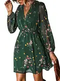 CUPSHE Damen Kleid Wickeloptik V Ausschnitt Langarm Chiffon Blumenmuster Freizeitkleider Wickelkleid Party Mini Dress Grün M
