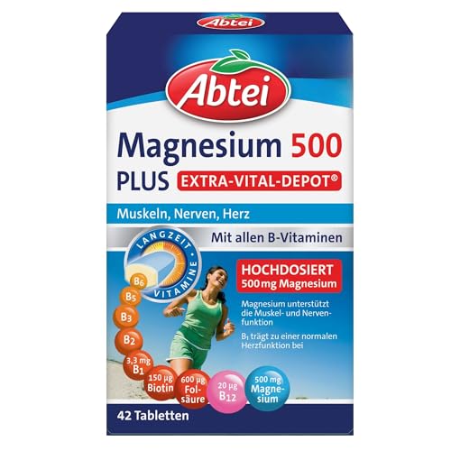 Abtei Magnesium 500 Plus Extra-Vital-Depot - hochdosiert - mit allen B-Vitaminen - für Muskeln, Nerven und Herz - Vegan - 42 Tabletten