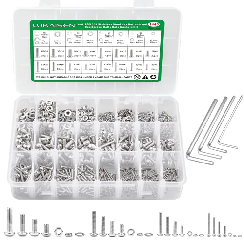 1440Stk M2 M3 M4 M5 Schraubenset mit Sechskantmuttern und Unterlegscheiben, Linsenkopfschrauben,Gewindeschrauben Set, Maschinenschrauben Sortiment Kit, Sechskantschrauben, Edelstahl Maschinenschrauben