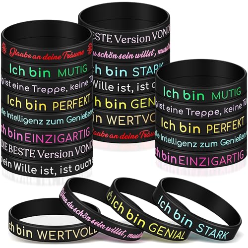 Aoriher 24 Stück Motivationsarmbänder auf Deutsch 20,3 cm Inspirierende Silikon Armbänder mit Positiven Sprüchen Motivierendes Silikonarmband Mutmacher Geschenk für Kollegen Teenager Party(Schwarz)