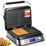 FOHERE Waffeleisen 1600 W, Doppelwaffeleisen für Belgische Waffeln, 5 Programme, 7 Bräunungsstufen, LCD Display, Countdown Timer, Überlaufrille, Extra Tiefe Heizplatten