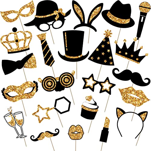 24 Stück Lustige Fotoautomat Requisiten Foto Booth Props für Geburtstag Hochzeit Disco Karneval Party Zubehör Mischung mit Hut, Lippenstift, Krawatte, Kronen (Gold)