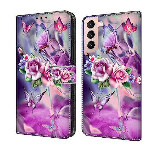 Rnrieyta Miagon Kickstand Flip PU Leder Schutzhülle für Samsung Galaxy S24,Bunt Muster Hülle Brieftasche Case Cover Ständer mit Kartenfächer,Schmetterling Blume