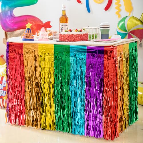 Funkelnde Regenbogen-Party-Dekorationen, bunt, gewellt, Regenbogen-Tischrock, Metallic-Lametta-Folie, Fransenschlangen für Einhorn, Geburtstag, Cartoon, Stolz, Fiesta, Abschlussfeier,