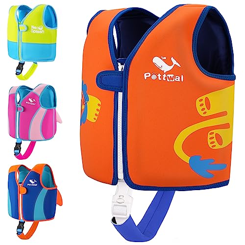 Pottwal Schwimmweste Kinder - Schwimmhilfe - Hergestellt aus Neopren & EPE - mit Verstellbarem Schrittgurt (Orange, M)