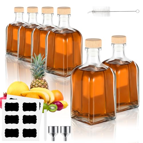 Gowkeey Glasflaschen mit Deckel, 6 Shot Flaschen zum Befüllen 250ml, Likörflasche, Schnapsflasche, Fläschchen mit Trichter, Etiketten & Stift, für ätherische Öle, Ingwer Shot, Whisky