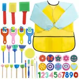 TOKSEO 45 Stück Schwamm Malerei Pinsel Stempel Pinsel Set für Kinder,Kinder Früherziehung Zeichnung DIY Kunsthandwerk mit wasserdichte Schürze