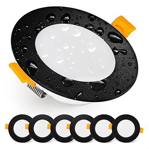 Emos Exclusive Einbaustrahler LED Spots 230V, 5W, 500lm, 3000K warmweiß | Set mit 6 Downlight LED Spots Badezimmer etc., wasserdicht IP54 | LED Einbaustrahler 230V, rund Ø 95mm, ultra flach, schwarz