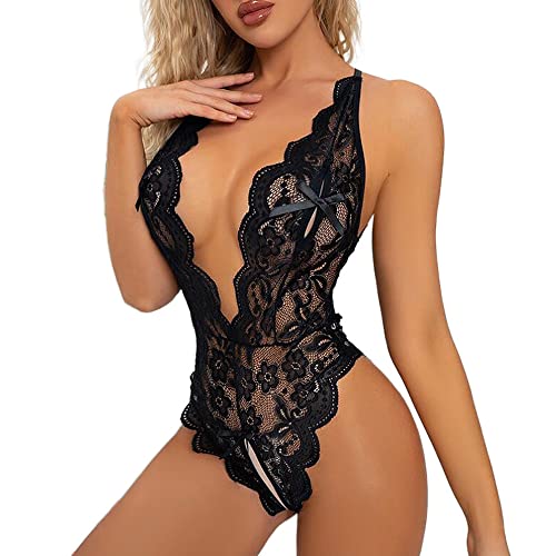 KOEMCY Sexy Body Dessous Damen Babydoll Body Damen Sexy Spitze Unterwäsche Teddy Bodysuit Tiefer V-Ausschnitt Reizwäsche One Piece Erotische Lingerie Negligee (Schwarz, S)