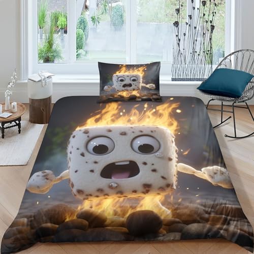 MMUNNA Flammen-Marshmallow Bettbezug Set 3D Gedruckter Karikatur Für Kinder Mädchen Jungen Bettwäschegarnitur Und Kissenbezüge Weich Microfaser Bettwäsche Reissverschluss 3 Teilig Single（135x200cm）