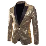 Generisch Sakko Herren Blazer Pailletten Sakko Glitzer Blazer Gold Slim Fit Anzugjacke Freizeit Pailletten Glitter Herrenjacke Anzug Jacke Karneval Kostüm für Hochzeit Party Festlich Herren Sakko