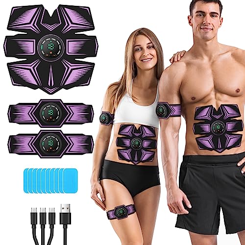 EMS Bauchtrainer Trainingsgerät, EMS Elektrische Muskelstimulation， USB Wiederaufladbar Bauchmuskeln Stimulationsgerät 8 Modi & 19 Intensitäten für Bauch, Arm, Hips, Bein, Männer & Frauen (Violett)