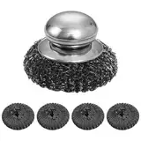 Edelstahl Wolle Schrubber mit Griff, 1 Pack Stahl Scheuerlappen mit 4 Ersatzkugeln, Scheuerpads, wiederverwendbarer Edelstahlschwamm für Küche, Haushalt, Pfanne(GRÖßE:9cm x 7.5 cm(LxW))