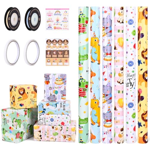 Geschenkpapier Geburtstag Kinder 6 Rollen, Ambesty 43 cm x 300 cm Geschenkpapierrollen Junge Mädchen, Recycelbar Geschenk Papier, Birthday Gift Wrapping Paper für alle Geburtstagsanlässe