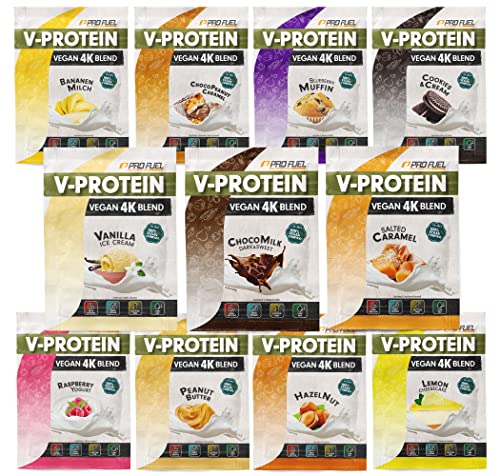 Vegan Protein Pulver PROBEN-PAKET, 11x30g Mix-Pack mit Schokolade, Vanille, Cookies & Cream, Himbeere, Haselnuss, Erdnussbutter, Blaubeere und viele weitere, unglaublich leckere Geschmacksvarianten