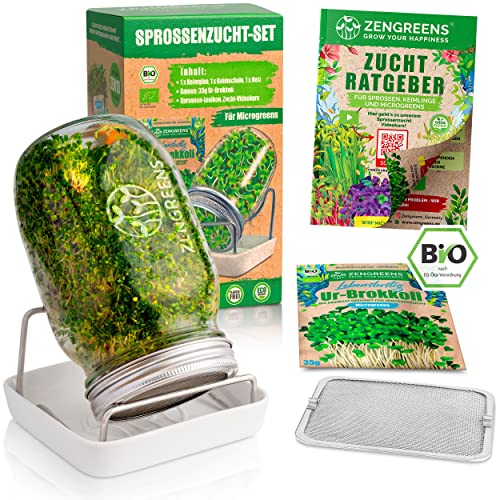 zengreens - Bio Sprossenglas im 1er, 2er, 3er Set + KRESSESIEB - (inkl. Bio Sprossen Samen und Gratis Videokurs) - Sprossenglas Keimglas Set - Keimglas für Sprossen Zucht - Keimschale