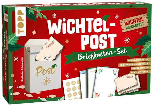 TOPP Wichtelpost - Briefkasten-Set: Holzbriefkasten, 25 Mini-Briefpapiere, 25 Umschläge, 25 Siegelsticker, Buch mit Ideen (16 Seiten), White