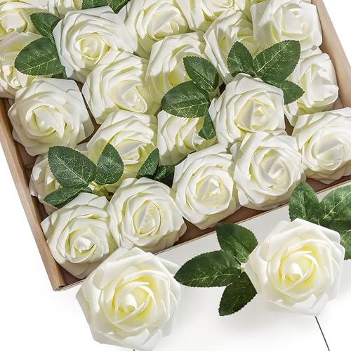 SXCCNW Schaumrosen, 25 Stück Rosen Blumen Schaumrosen, Gefälschte Kunstrose Rose Künstliche Rosen Blumen, Deko Blumen Fake Rosen für Hochzeit Blumensträuße Braut Zuhause Dekoration Milchig Weiß