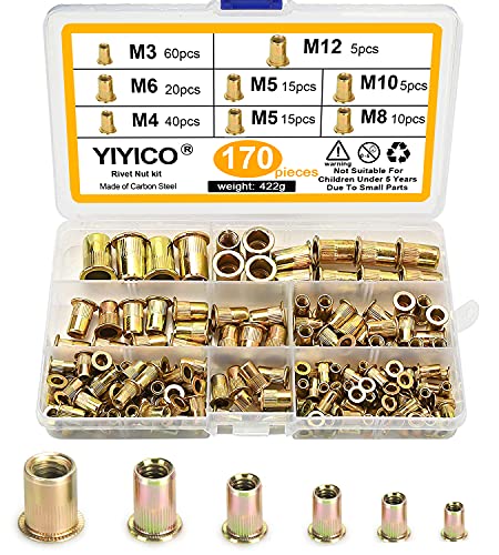 YIYICO Nietmuttern Blindnietmuttern Einnietmuttern M3 M4 M5 M6 M8 M10 M12 Nietmutter set 170stk Kohlstahl Gewindenieten Flachkopf Gewinde Einziehmuttern