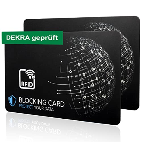 DEKRA geprüfte RFID Blocker Karte I Neuste E-Field Störsender-Technologie - zum Schutz vor Datendiebstahl I extra dünne Karte mit 0,8 mm für jede Geldbörse I Kartenschutz I NFC Schutz (2er Set)