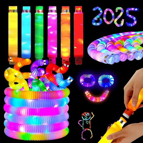 Lunriwis 12 Stück Pop Tubes, LED Light Up Gadgets Spielzeug, LED Retractable Tubes, Party Glow Stick Armband Dekoration, Kinder Geburtstag Bash Geschenke,Knicklichter Party Set für Kinder