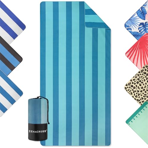 ZENACROSS - Strandhantuch 90x180cm - Mikrofaser Handtuch Groß - Schnelltrocknend - Microfaser Badetuch Sandfrei - Leichtes und Kompaktes Strandtuch - Türkis & Blau