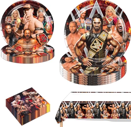 Partygeschirr Set, 41-Teiliges Wrestling-Partyzubehör, Pappgeschirr Pappteller Becher Servietten für Kindergeburtstag Party Dekoration Geburtstagsdeko 10 Gäste