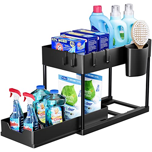 Puricon Unter Waschbecken Regal, 2 Etagen Standregal Küche Arbeitsplatte Regal Organizer, Mehrfunktional Küchenregal Gewürzregal Unterschrankregal Spülschrankregal -Schwarz