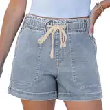 Jean Shorts for Women High Waisted Pull On Drawstring Elastic Waist Trendy Stretchy Denim Jorts Summer Shorts