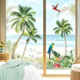 decalmile Fensterbilder Palmen Pflanzen Fensteraufkleber Tropisch Baum Blätter Vögel Fenster Aufkleber Palme Anti-Kollision Fenstersticker Frühling Sommer Glas Fensterdeko Aufkleber