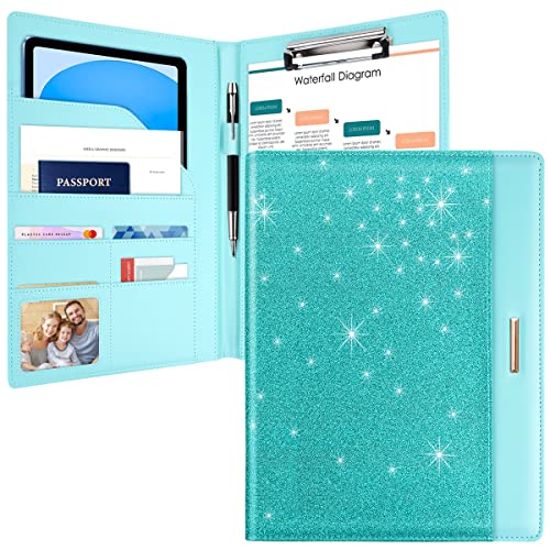 WAVEYU Glitzer-Padfolio/Lebenslauf-Portfolio-Ordner für Damen und Herren, niedlich, schick, Padfolio-Einband, Konferenz-/Rechtsdokumenten-Organizer mit Brief/A4-Größe, Dokumentenhülle, Blaugrün