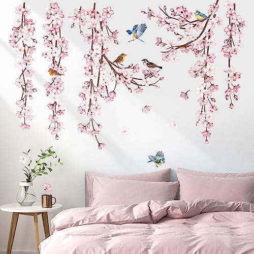 decalmile Wandtattoo Kirschblüte Hängende Wandaufkleber Blumen Rosa Vögel auf Ast Wandsticker Schlafzimmer Wohnzimmer Sofa Fenster Wanddeko