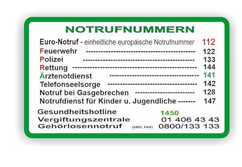 Generic NOTRUFNUMMERN Aufkleber für Österreich Notruf Nummer Aufkleber (19cm x 11,5cm, Grün, Funktional)