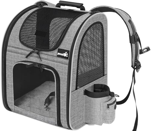 pecute Haustier Rucksack mit Netzfenster, Tragbare und Faltbare Katzentasche, Atmungsaktive und Leichte Hundetasche, Wasserdichtes Oxford-Tuch mit Viel Platz, Multifunktionales Rutschfestes Grau L