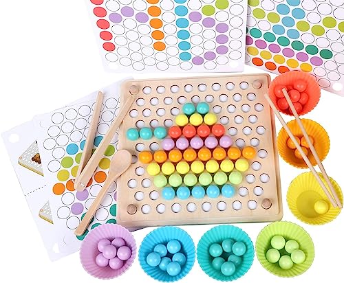 Jeaxus Holz Montessori Spielzeug,Clip Perlen Puzzle Brettspiele, Mathe Lernspielzeug,Kinder Vorschule Farben Sortier Stapelspielzeug für 3 4 5 Jahre alt Kinder