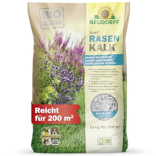 Neudorff Azet RasenKalk – Bio Rasenkalk erhöht den pH-Wert saurer Rasenböden schnell für einen kräftigen, grünen Rasen und beugt Moos vor, 10 kg für 200 m², Weiß