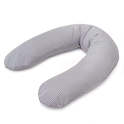 Theraline Stillkissen & Schwangerschaftskissen Dodo Pillow Premium - 180 cm inkl. Bezug aus Baumwolle - Leise und feine Mikroperlen, schadstoffgeprüft, maschinenwaschbar - Punkte Grau