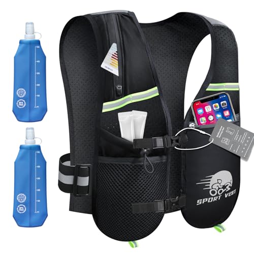 Laufweste mit Trinkflasche - Ultraleicht Laufweste Herren mit 2 x 500ml Soft Flask, 6 Taschen, Atmungsaktiv, Verstellbarer & Reflektierend Running Vest Women für Laufen, Marathon, Jogging, Radfahren