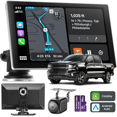 Jzones 9-Zoll CarPlay, Kabelloses CarPlay & Android Auto, GPS-Navigation, Bluetooth, 4K Frontkamera, 1080P Rückfahrkamera, Sprachsteuerung, Mirror Link, Einfach zu installierendes CarPlay Display