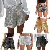 Shorts Damen Sommer Shorts Damen Pailletten Hose Metallic Hotpants Festivals Outfits Glänzend Kurz Hose Hohe Taille Kordelzug Shorts Pailletten Glitzer Casual Shorts Sexy Hot Pants