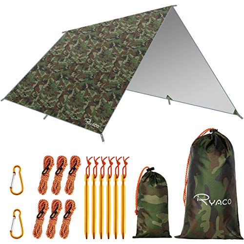 RYACO Tarp 3x3m Wasserdicht, Zeltplane Ultraleicht mit ösen + 6 Erdnägel + 6 Seilen, Anti-UV Schnee Regen Schutz Leicht Kompakt für Hängematte Camping Wandern Picknick Reisen Outdoor Aktivitäten